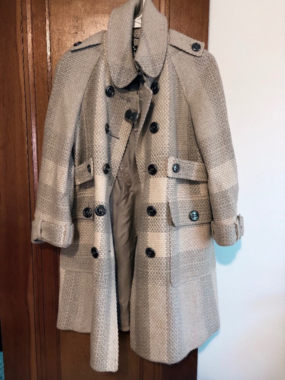 Burberry Beige Plaid Wool Blend Pea Coat NWT